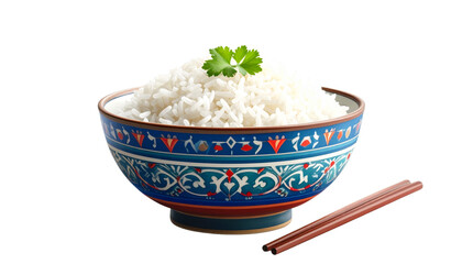 Steaming rice served in a colorful patterned bowl isolated on transparent background.