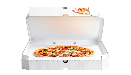 beautiful colorful opened pizza carton box with pizza design on it with folded edge isolated on transparent backgroud.