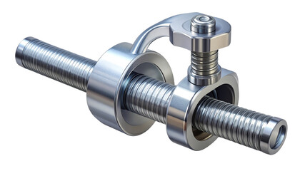 Shiny metal pipe clamp with adjustable screw design, industrial style, isolated on transparent background