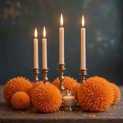 Orange pomander balls with candles.