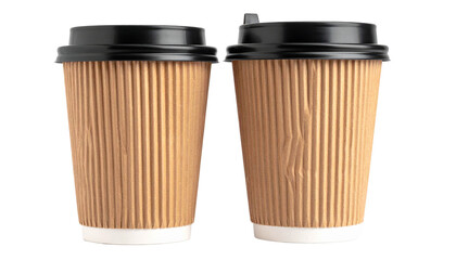 Firefly_Pair of brown ripple paper takeaway coffee cups with black lids, front view, isolated on transparent background