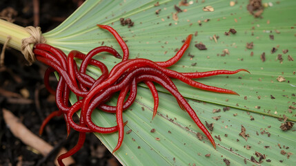 red worms on the male palm for vermicomposting organic food scraps