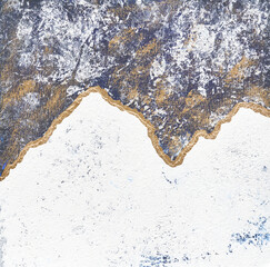 Abstract textured art with gold and blue brushstrokes on a white background.