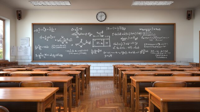 Empty Classroom with Wooden Desks and Black Chalkboard Filled with Mathematical Equations and Science Formulas During Daylight
