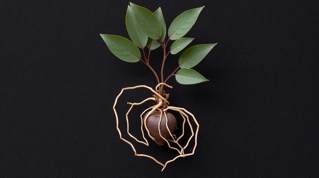 Plant root with green leaf and brown tuber black background natural organic growth concept fresh detail young plant visible root system symbolizing