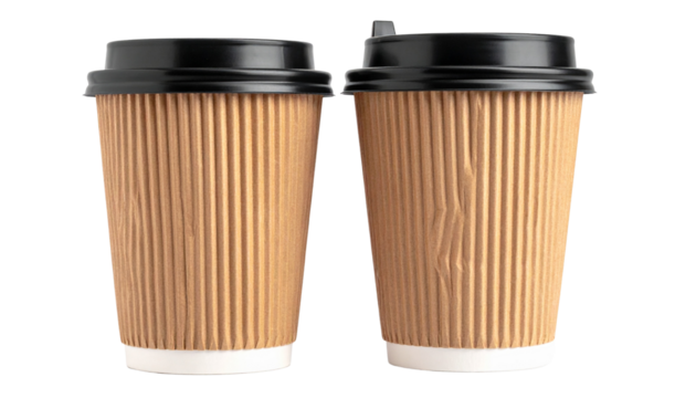 Firefly_Pair of brown ripple paper takeaway coffee cups with black lids, front view, isolated on transparent background - Powered by Adobe