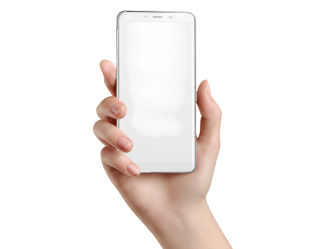 Hand holding white smartphone screen image, Isolated, Png Transparent Background