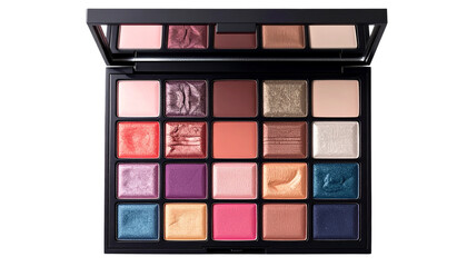 Eye shadow box with multiple colorful shades and sleek compact design, isolated on transparent background.