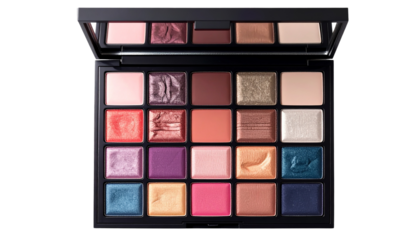 Eye shadow box with multiple colorful shades and sleek compact design, isolated on transparent background.
