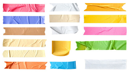  colorful 3D adhesive tape pieces, including torn strips of masking and duct, isolated on transparent background.