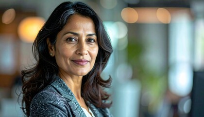 Head shot close up profile picture of beautiful middle-aged Asian businesswoman posing in workplace.