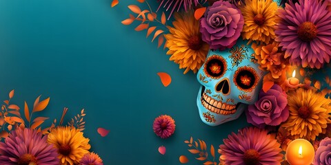 Flowers and sugar skull decorations for the Day of the Dead