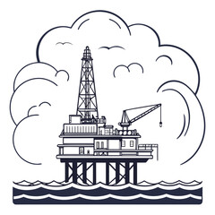 Vector art of offshore oil rig platform in the sea with clouds, a detailed black and white line art illustration energy industry and extraction of natural resources