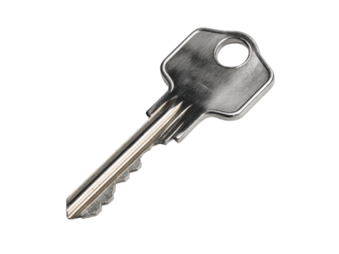 Metallic silver key with serrated edge and circular hole object, Isolated, Png Transparent Background