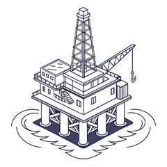Vector art of isometric illustration of an offshore oil rig platform in the sea, showcasing the industrial structure used for drilling and extraction of petroleum