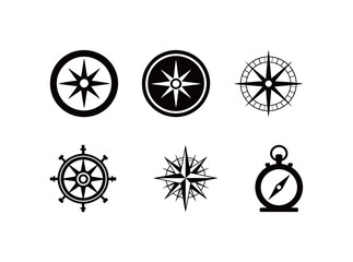 Nautical Compass and Wind Rose Silhouettes Set. Vector Collection of Navigation, Steering Wheel, and Directional Icons.