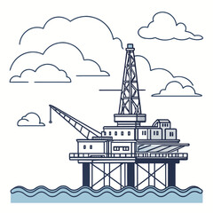 Vector art of offshore oil rig platform in the sea with clouds extraction of mineral resources industrial construction for drilling vector illustration in line style