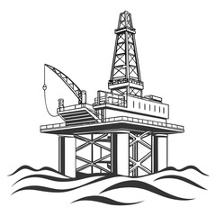 Obraz premium Vector art of monochrome illustration of an offshore oil rig platform in the sea, a symbol of energy production, marine industry, and environmental concerns