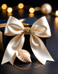 Elegant cream ribbon on a gift box with seashell