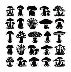 Wild Mushroom Silhouettes Set. Vector Black Collection of Various Forest Fungi, Toadstool, and Fungus Icons.