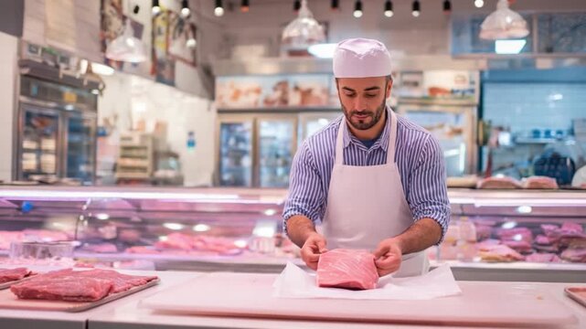 Artisan's Precision: A skilled butcher, clad in pristine attire, meticulously assesses and prepares fresh cuts of meat, showcasing expertise in the realm of culinary arts.