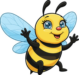 Cartoon bee flying, cheerful insect character, yellow body with blue wings, children’s vector illustration, playful bug design for education