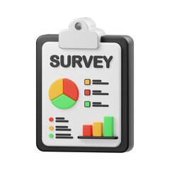 3D Survey Clipboard Icon with Charts and Colorful Data Elements
