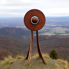 Rusty metal sculpture on hilltop overlooking valley landscape