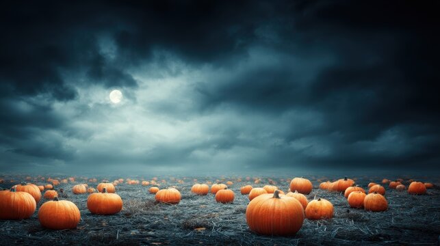 Eerie Pumpkin Patch Under Dark Moonlit Sky with Dramatic Clouds and Spooky Atmosphere