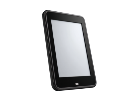 Black electronic reader with white screen and grey border device technology, Isolated, Png Transparent Background