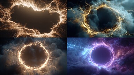 Four panels show glowing portals in swirling nebulas, varying in color and intensity, from brown to blue
