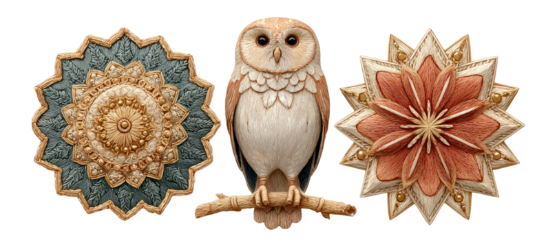 Detailed Clipart of Owl with Decorative Elements and Patterned Background
