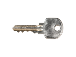 Metallic silver key with serrated edge and circular head on black background lock, Isolated, Png Transparent Background