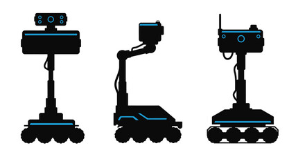 Three views of a robotic device with camera and detection sensors