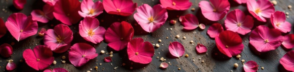 Crimson & blush dried rose petals strewn, rustic charm, color, photography