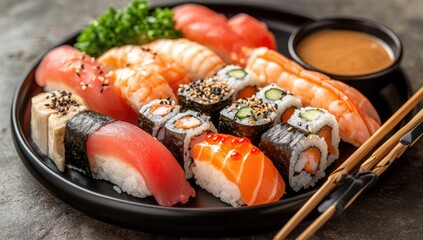 Sushi platter with various rolls and sauce on dark plate