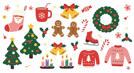 Fototapeta premium Collection of festive christmas icons including a stocking gingerbread men and a sweater