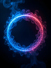 Two intertwined glowing circles, one blue and one red,  embellished with ethereal smoke effects against a black backdrop