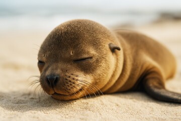 Fototapeta premium Close-up of a baby sea lion peacefully sleeping on sandy beach under soft natural light, showcasing concept of wildlife innocence and calmness. Ai generative
