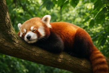Sleeping red panda resting peacefully on a tree branch in a lush green forest with soft natural light and a vibrant leafy background. Ai generative