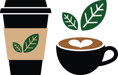 Black coffee cup with heart latte art and green leaf icon on brown sleeve drink