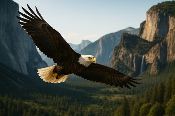 Fototapeta premium Majestic bald eagle soaring through mountain valley in natural light with scenic forest and cliff background in creative wildlife concept. Ai generative