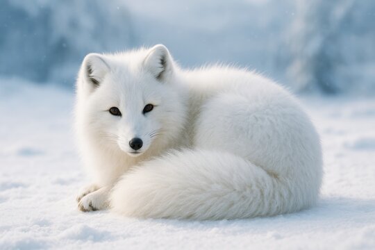 Arctic fox curled up on snowy ground with soft winter light and frosty blue forest background, symbolizing cold survival and adaptation concept. Ai generative