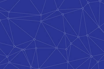 A polygonal vector artwork showing interconnected lines and dots, designed with white outlines over blue background, representing digital abstract modern technological aesthetics.