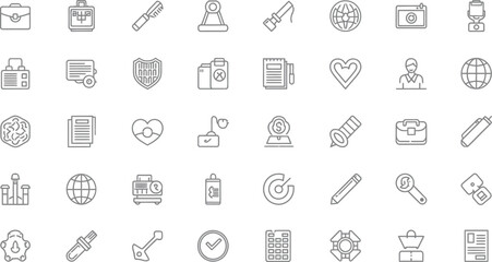 Line Art Icons Seamless Pattern Briefcase, World Globe, Camera, Heart, Document, Pencil