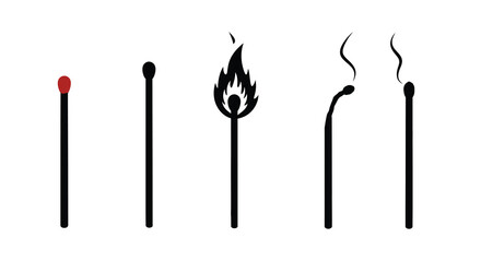 Five stages of a match burning from unlit to extinguished