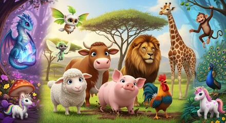 Fototapeta premium A whimsical gathering of animals and mythical creatures in a vibrant cartoon landscape setting outdoors