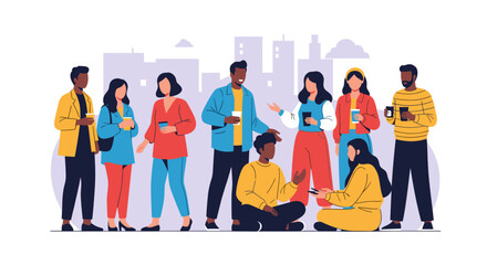 Fototapeta premium A diverse group of young adults stands together in a city landscape, sharing moments and coffee.