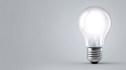 Glowing light bulb on minimalist gray background, idea and innovation represented by bright lamp on gray.