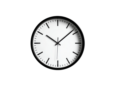 White clock face with black hands and markings on black background time, Isolated, Png Transparent Background